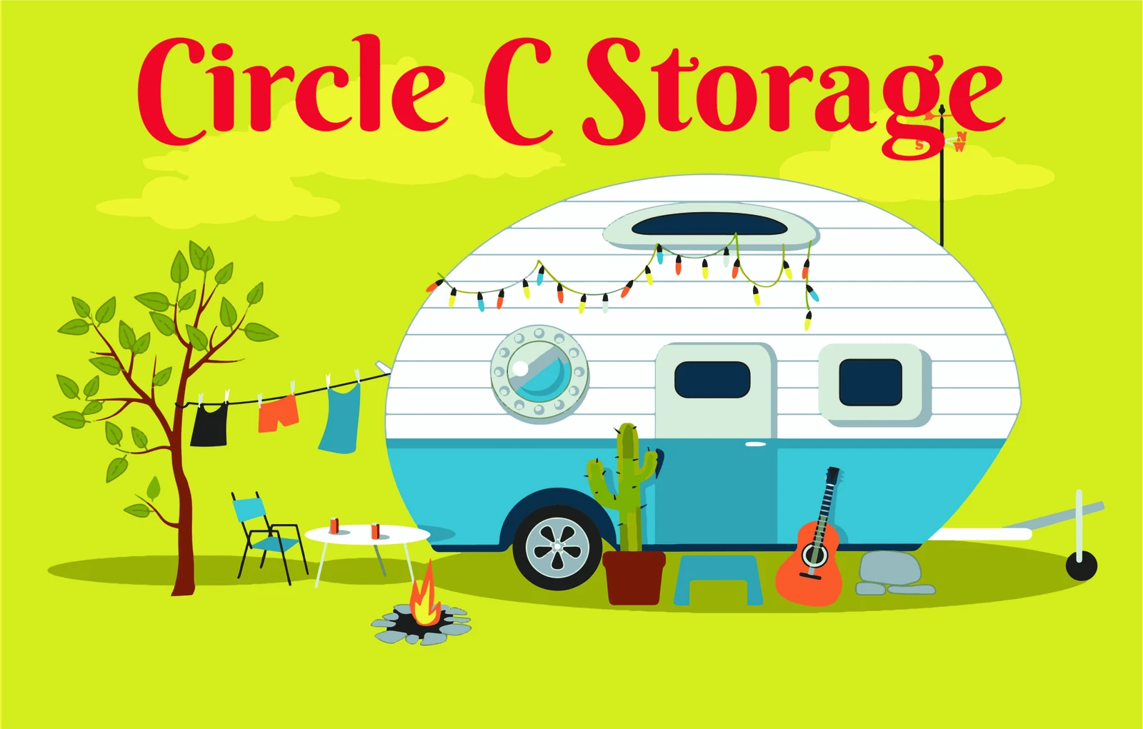 Circle C Storage — illustration of a vintage teardrop trailer with string lights, guitar, and campfire