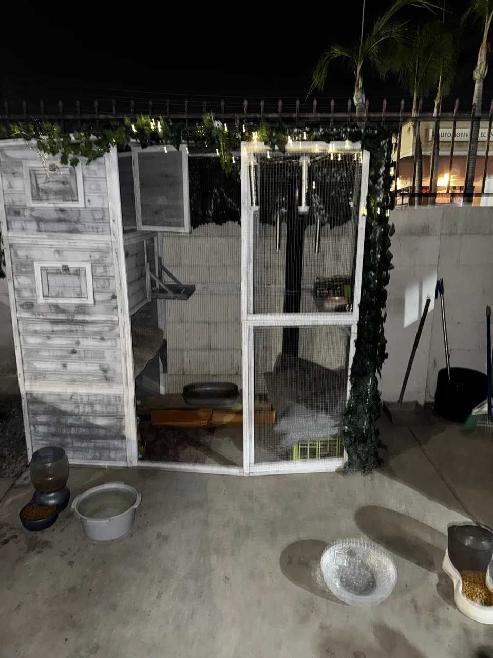 The Circle C Storage cat shelter at night — a custom-built wooden enclosure with string lights, faux greenery, and a mesh catio