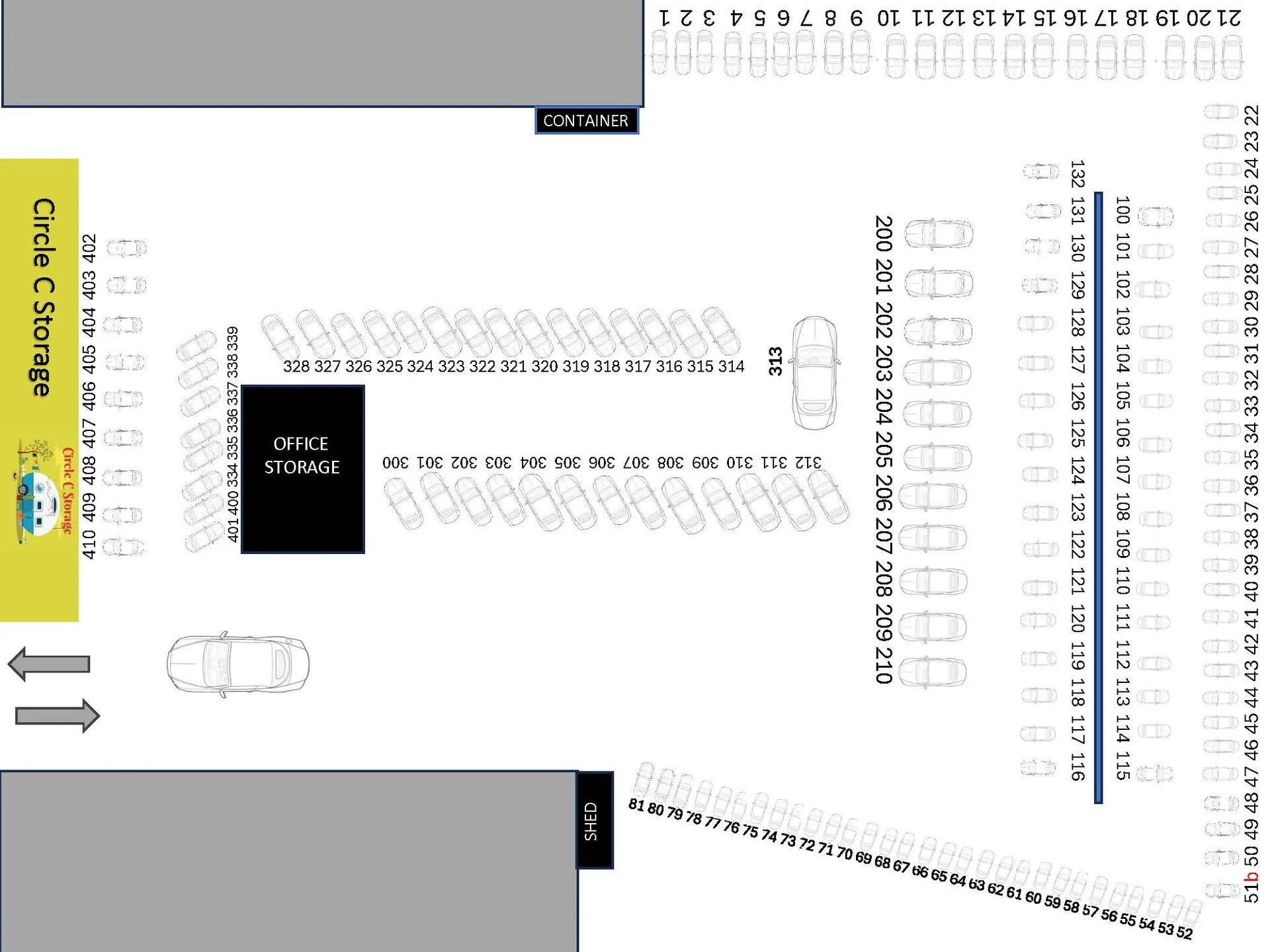 Circle C Storage facility layout diagram showing numbered parking spots, office, container, and shed locations